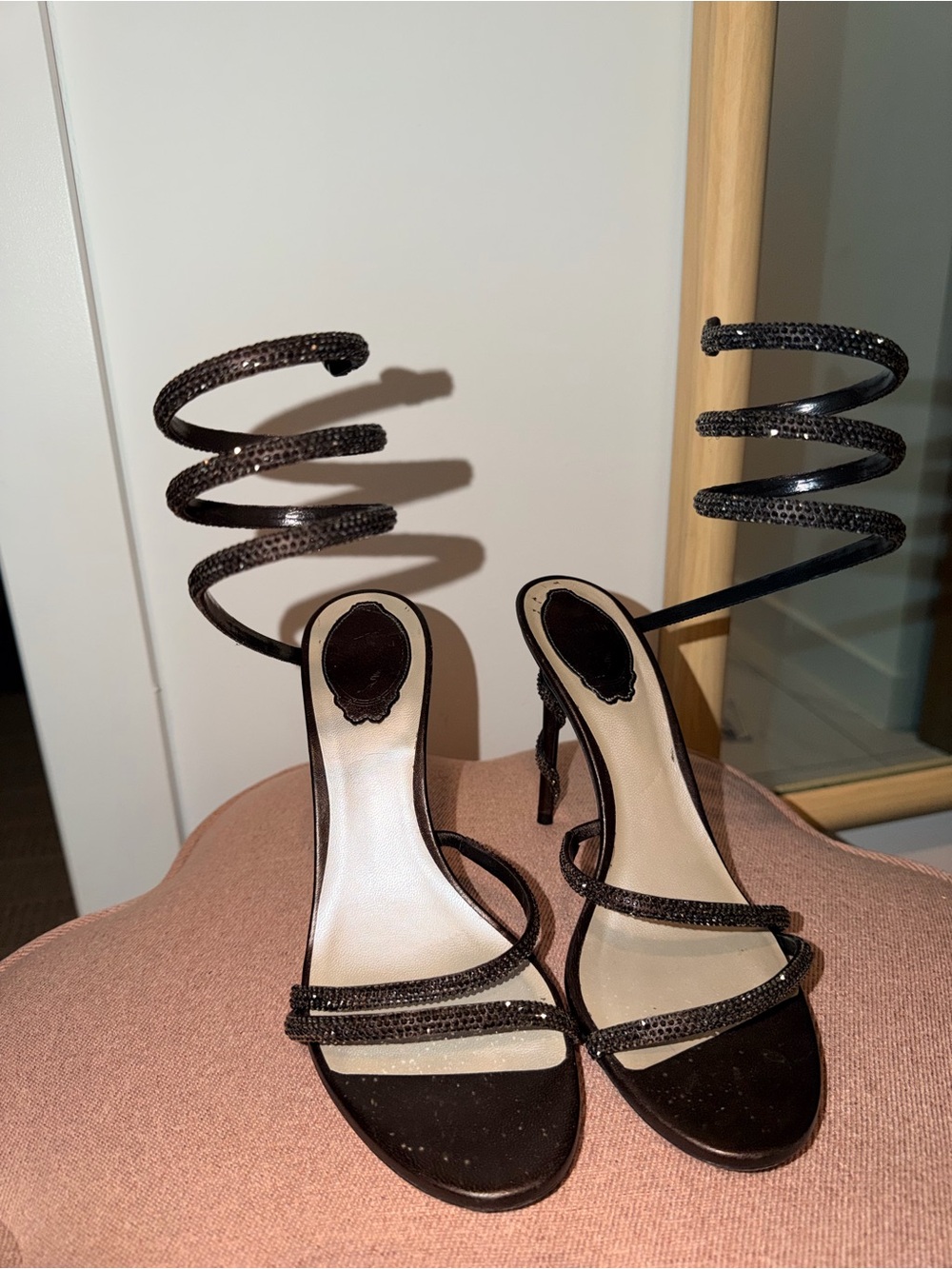 Rene Caovilla Black Crystal Spiral Wrap Heels